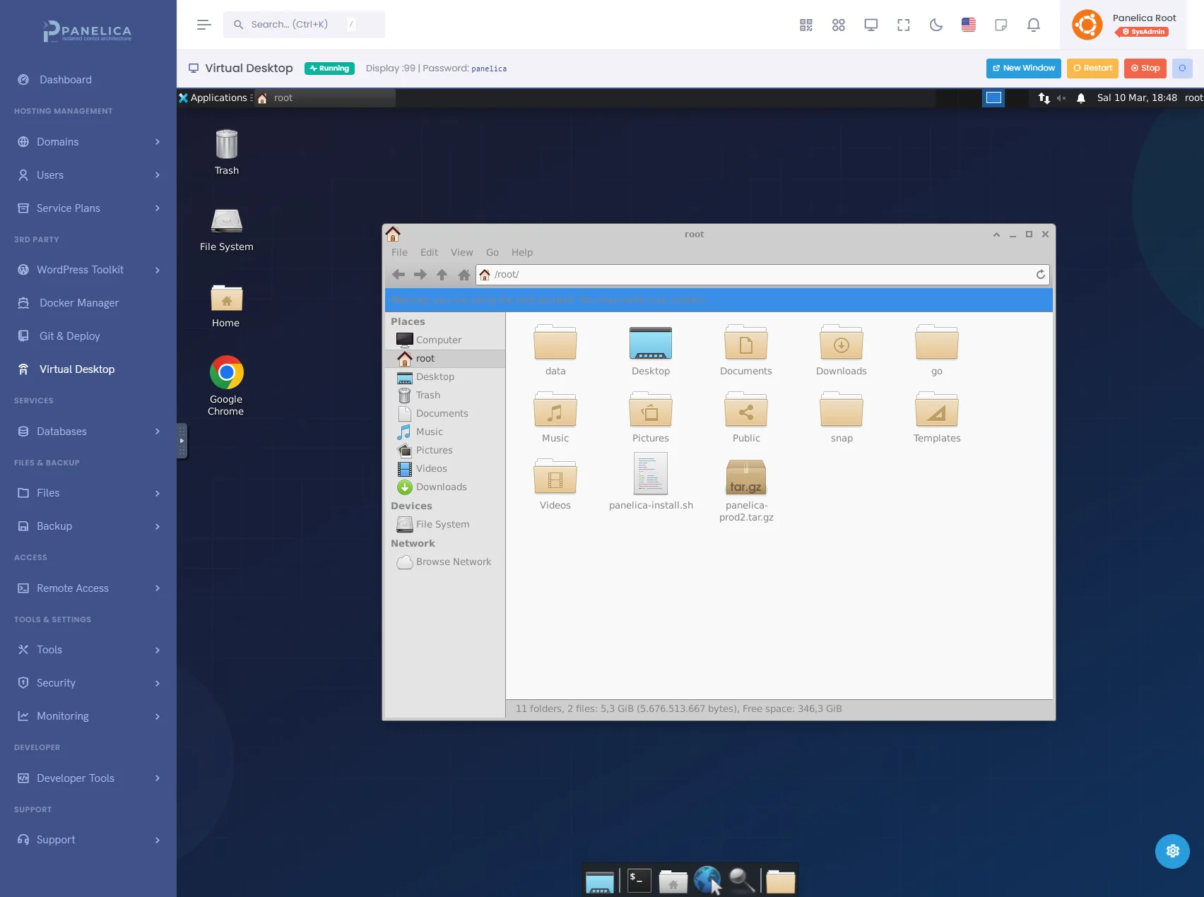 Panelica Virtual Desktop — XFCE desktop environment running in the browser through the panel interface